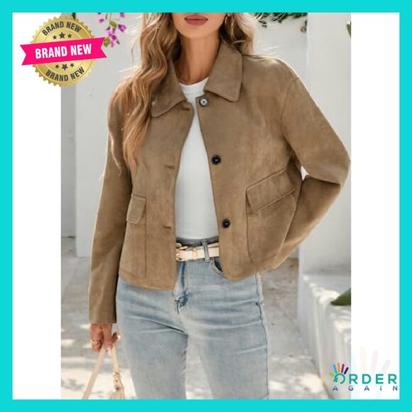 Faux Suede Cropped Jacket Vintage Button Down Shacket Chic Casual Y2K - Picture 3 of 8